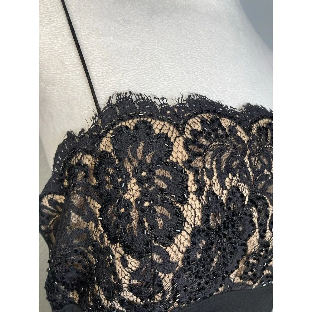 Black Cocktail Party Slip Dress Floral Lace Nude Beaded Spaghetti Strap 12P - Picture 3 of 10